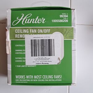 HUNTER 99394 UNIVERSAL On/Off DAMP RATED CEILING FAN REMOTE CONTROL WHITE
